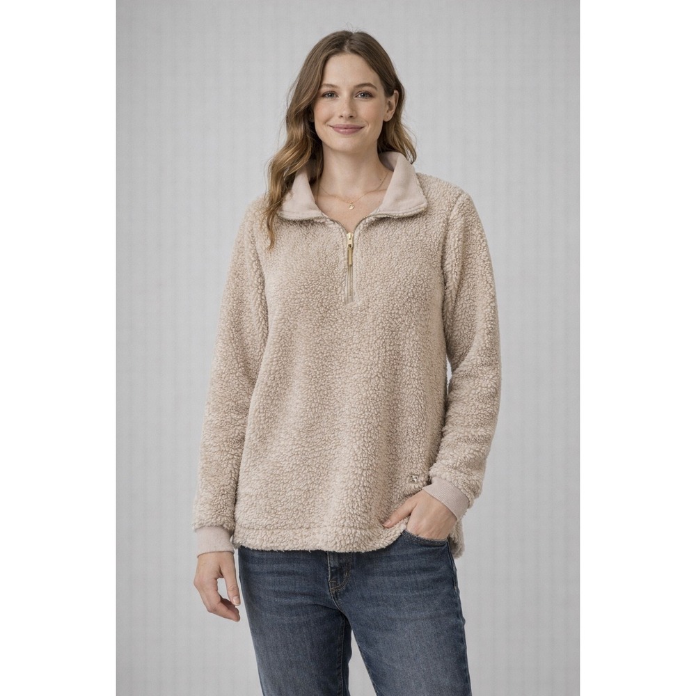 Calvin Klein Sherpa Fleece Pullover Women Medium Beige Quarter Zip Teddy Sweater